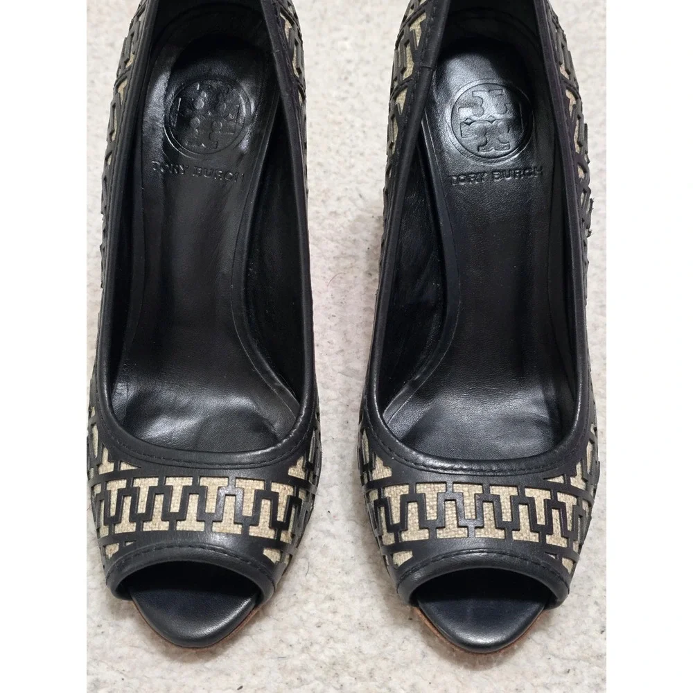 Tory Burch Black Leather Logo Laser Cut Peep Toe Platform Pumps Heels 6.5M